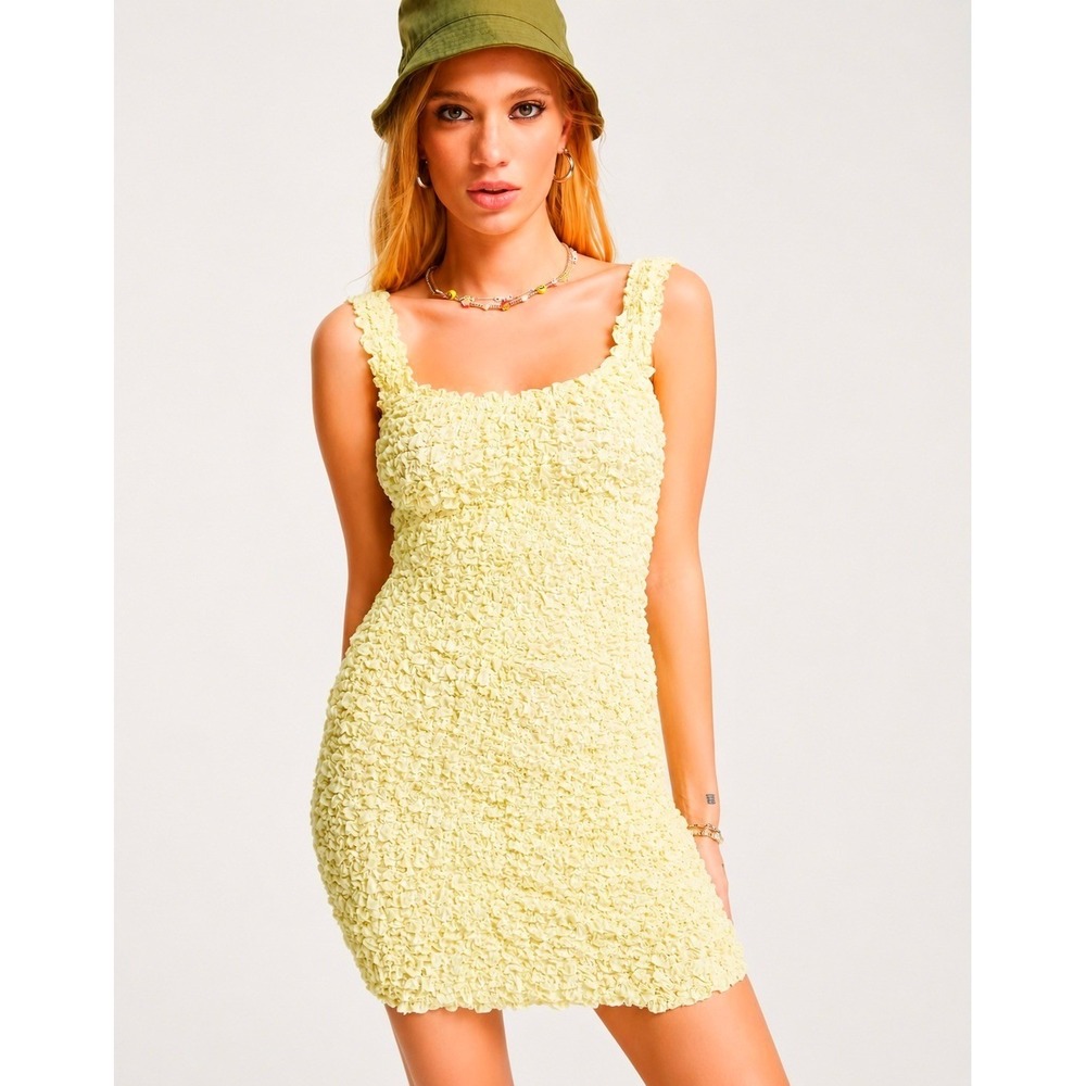 Emory Park Cutie Chick Scrunch Dress Yellow Popcorn Texture Mini Bodycon Medium
